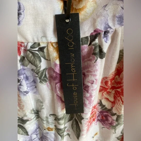 House of Harlow 1960 Dress Floral Linen Tier Bow Tie Shoulders Sz M - Picture 13 of 16